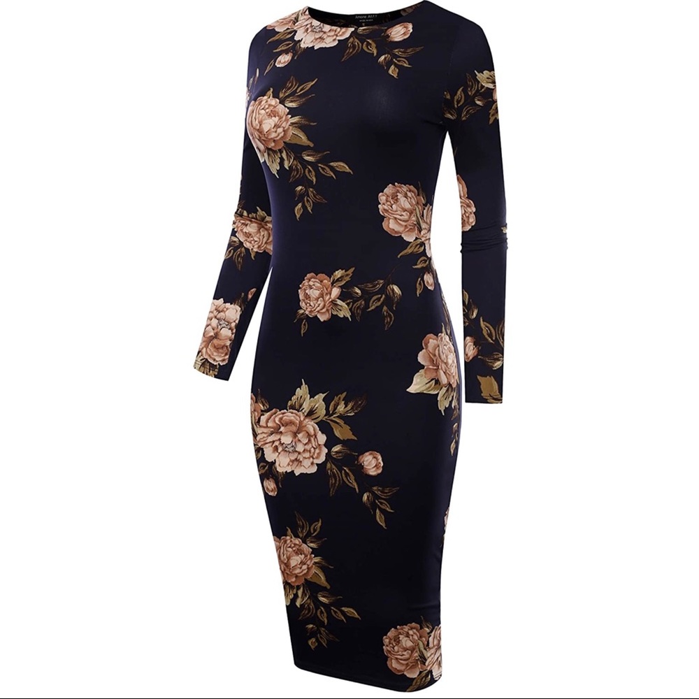 Navy Floral Long Sleeve Bodycon Dress